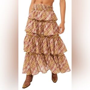 Free People Sawyet Ruffle Maxi Skirt In Pink & Brown